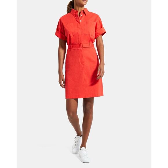 Theory Belted Shirt Dress in Stretch Linen Poppy Short Sleeve Size 4 NEW - Picture 1 of 14